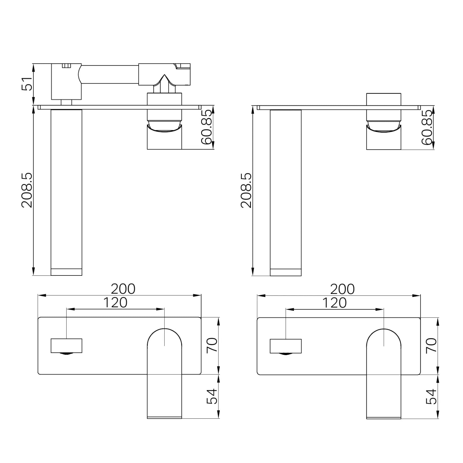 Technical Drawing Nero Bianca Wall Basin/Bath Mixer 187mm Gun Metal NR321510AGM_KIT - The Blue Space