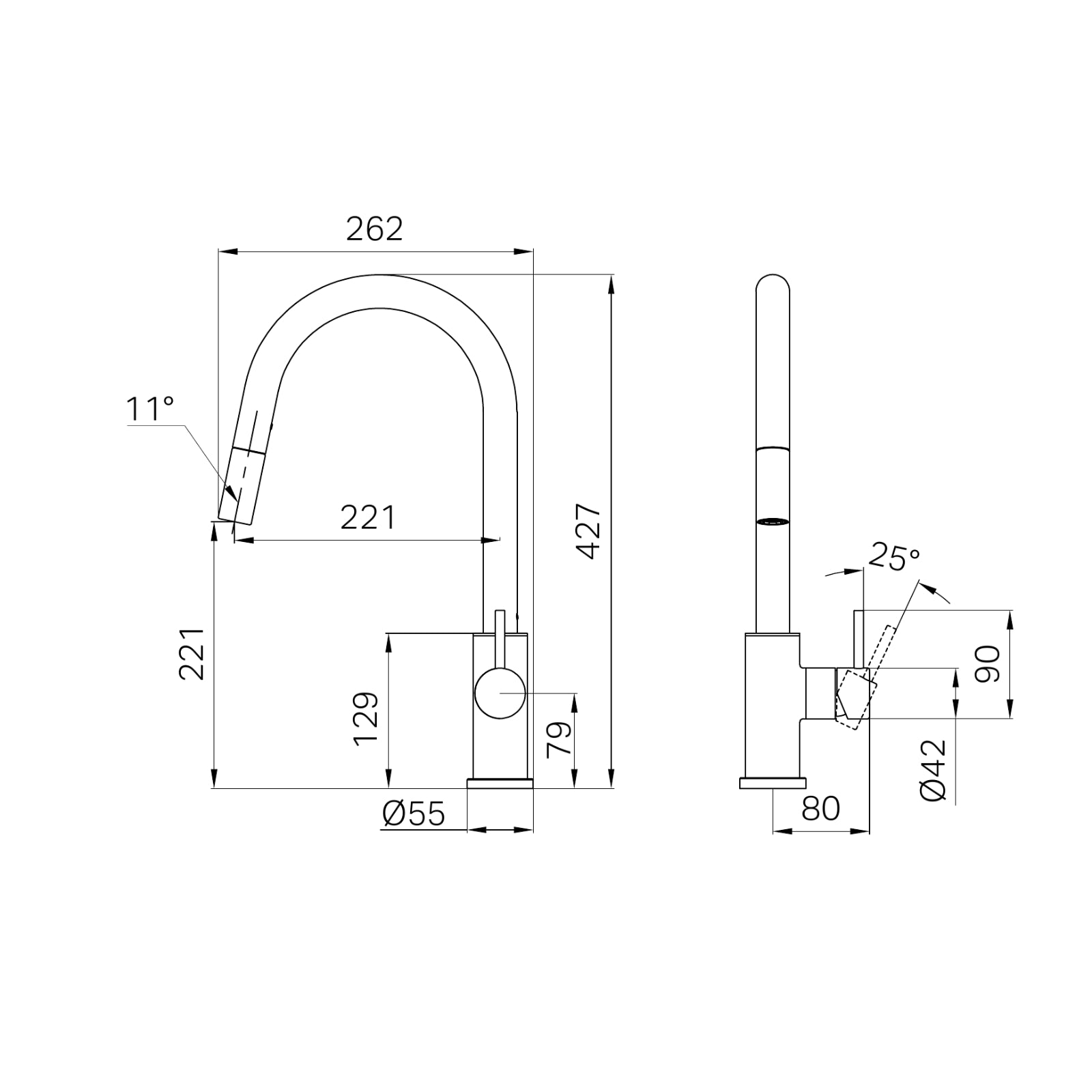 Technical Drawing Nero Dolce II Pull Out Sink Mixer Chrome 25B004CH - The Blue Space