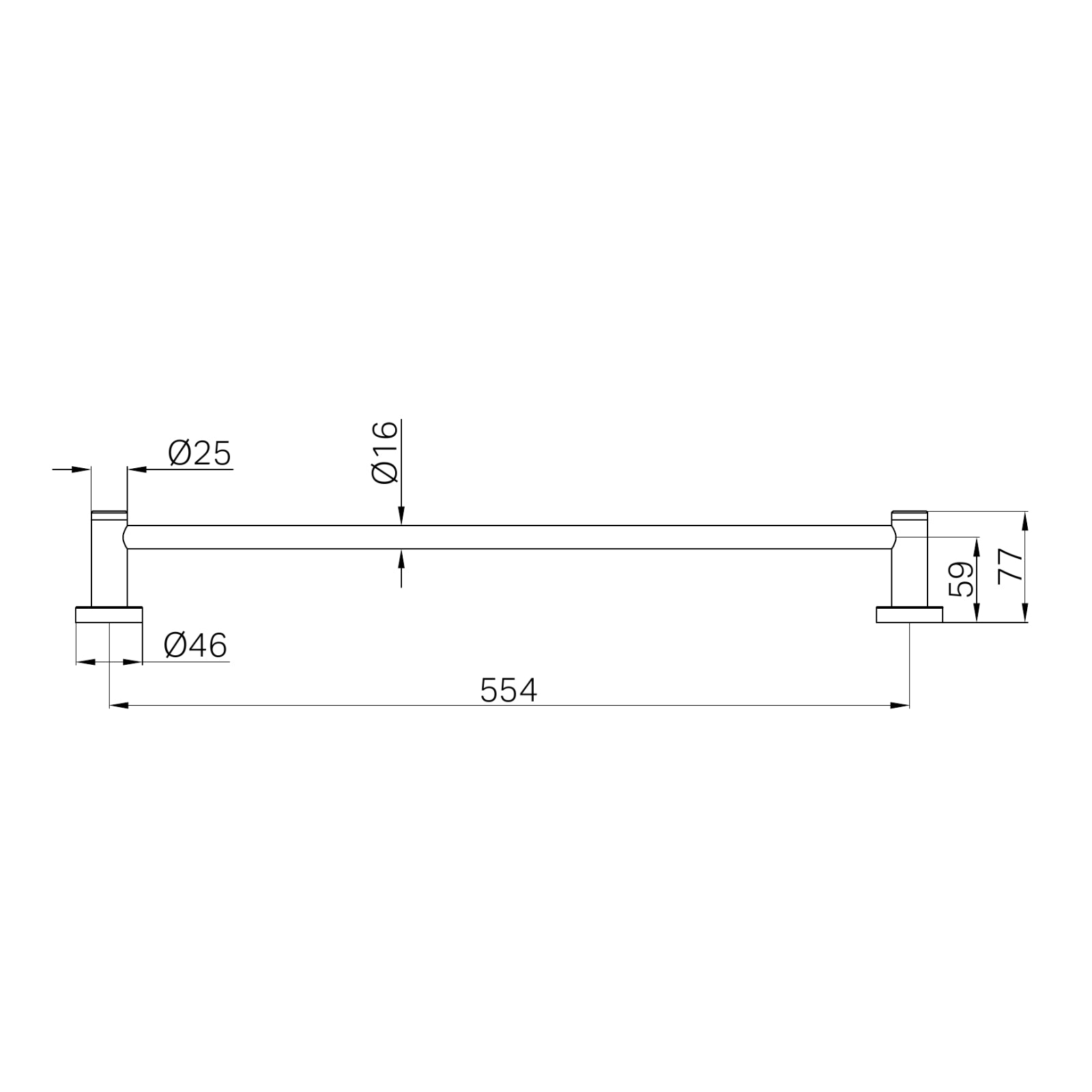 Technical Drawing Nero Dolce II Single Towel Rail 600mm Brushed Gold NR2024BG - The Blue Space