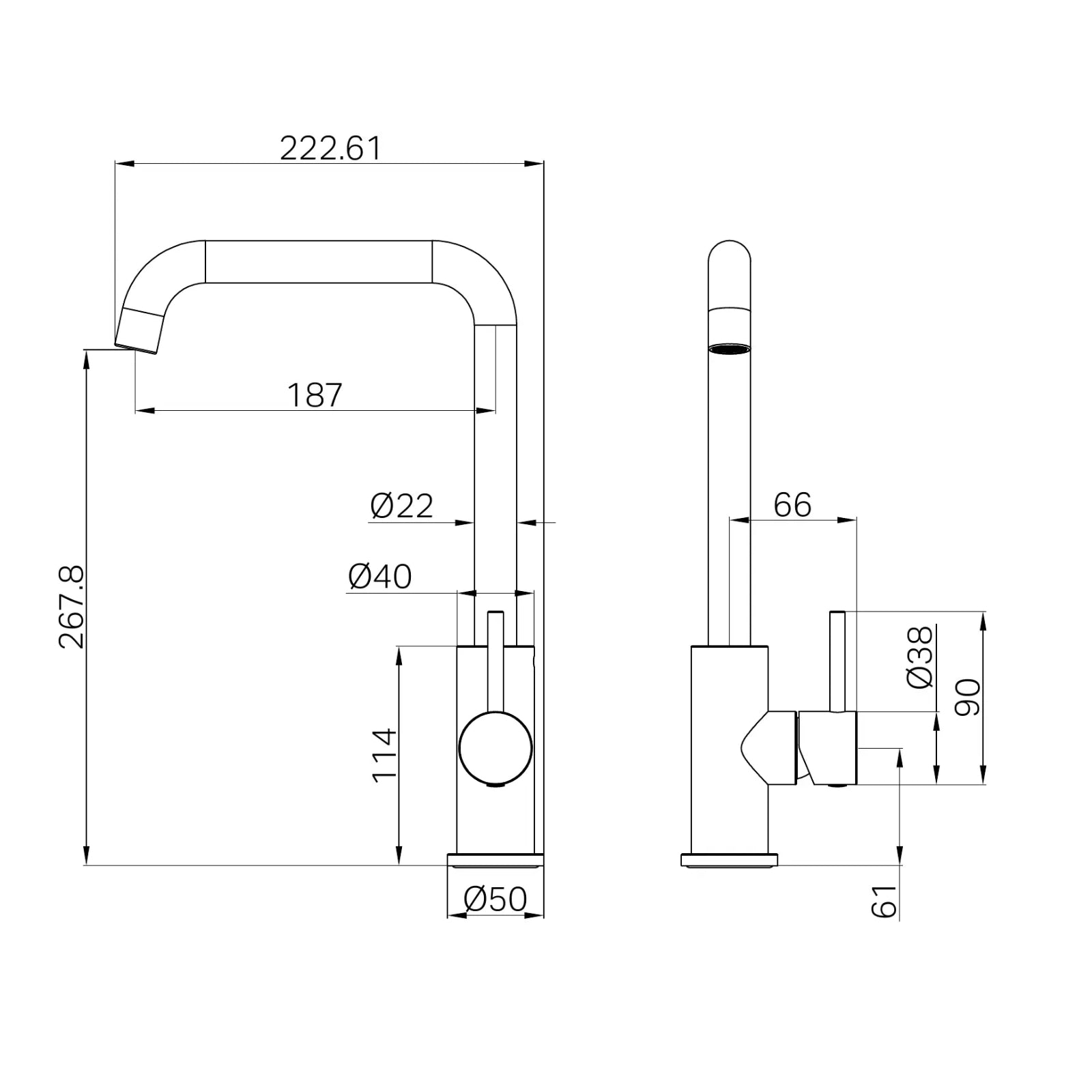 Technical Drawing Nero Dolce II Sink Mixer Square Spout - Chrome 25B019CH - The Blue Space