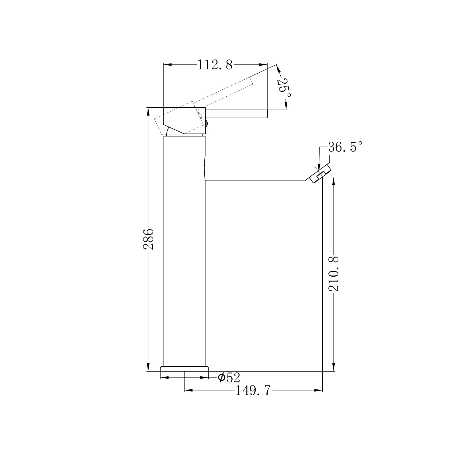 Technical Drawing Nero Dolce Tall Basin Mixer Brushed Nickel NR250804BN - The Blue Space