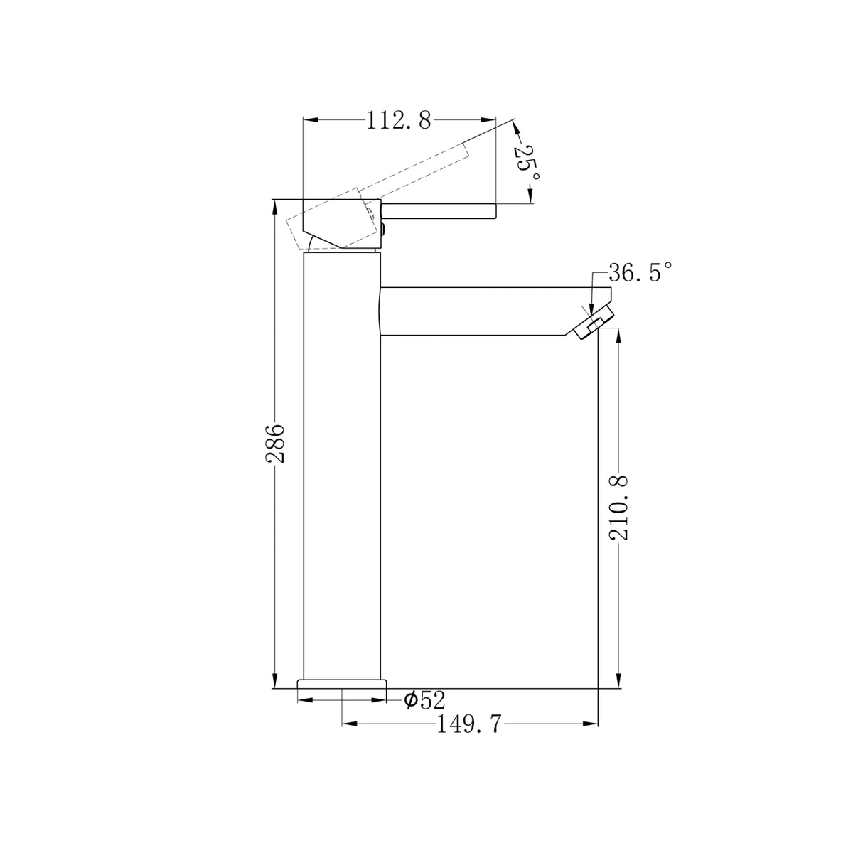 Technical Drawing Nero Dolce Tall Basin Mixer Brushed Nickel NR250804BN - The Blue Space