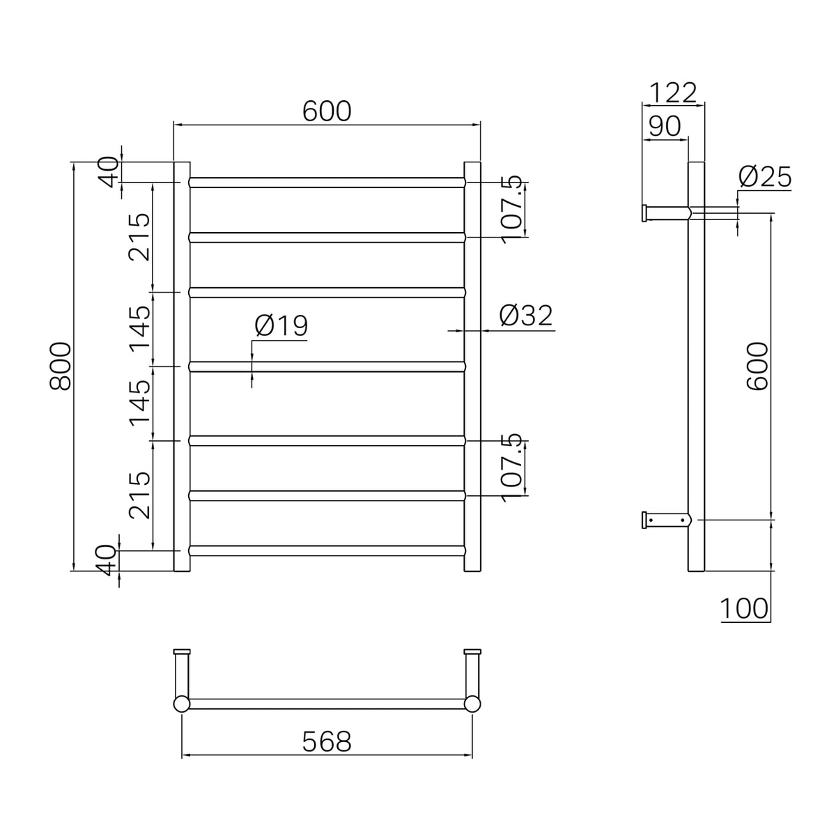 Technical Drawing Nero Mecca 240V 7 Bar Heated Towel Ladder Brushed Bronze NR190003HBZ - The Blue Space