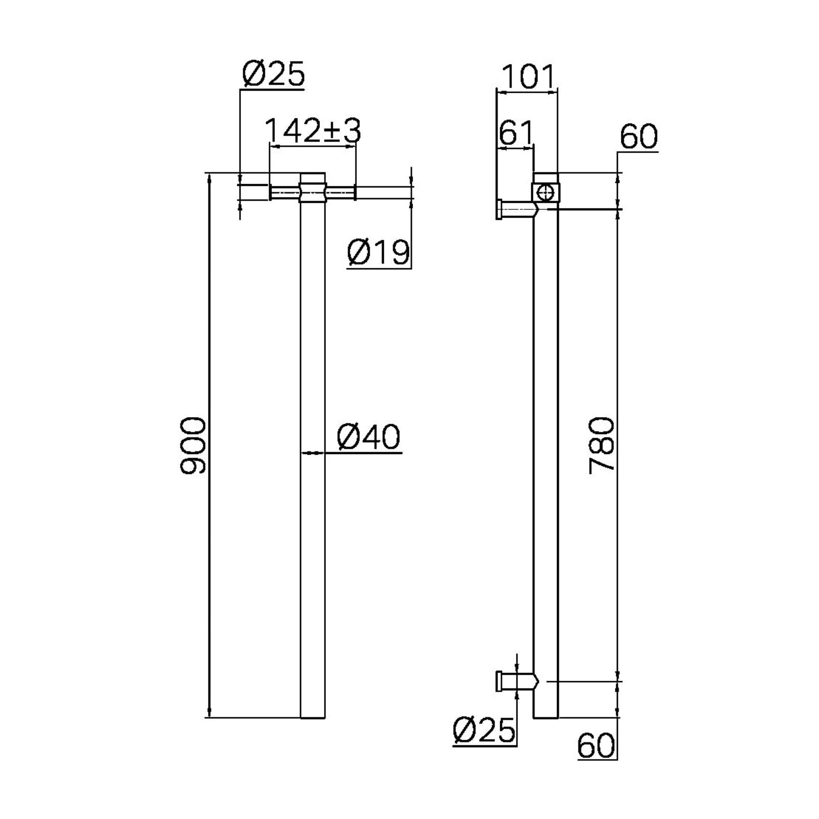 Technical Drawing Nero Mecca 240V Single Vertical Heated Towel Rail Brushed Gold NRV902HBG - The Blue Space