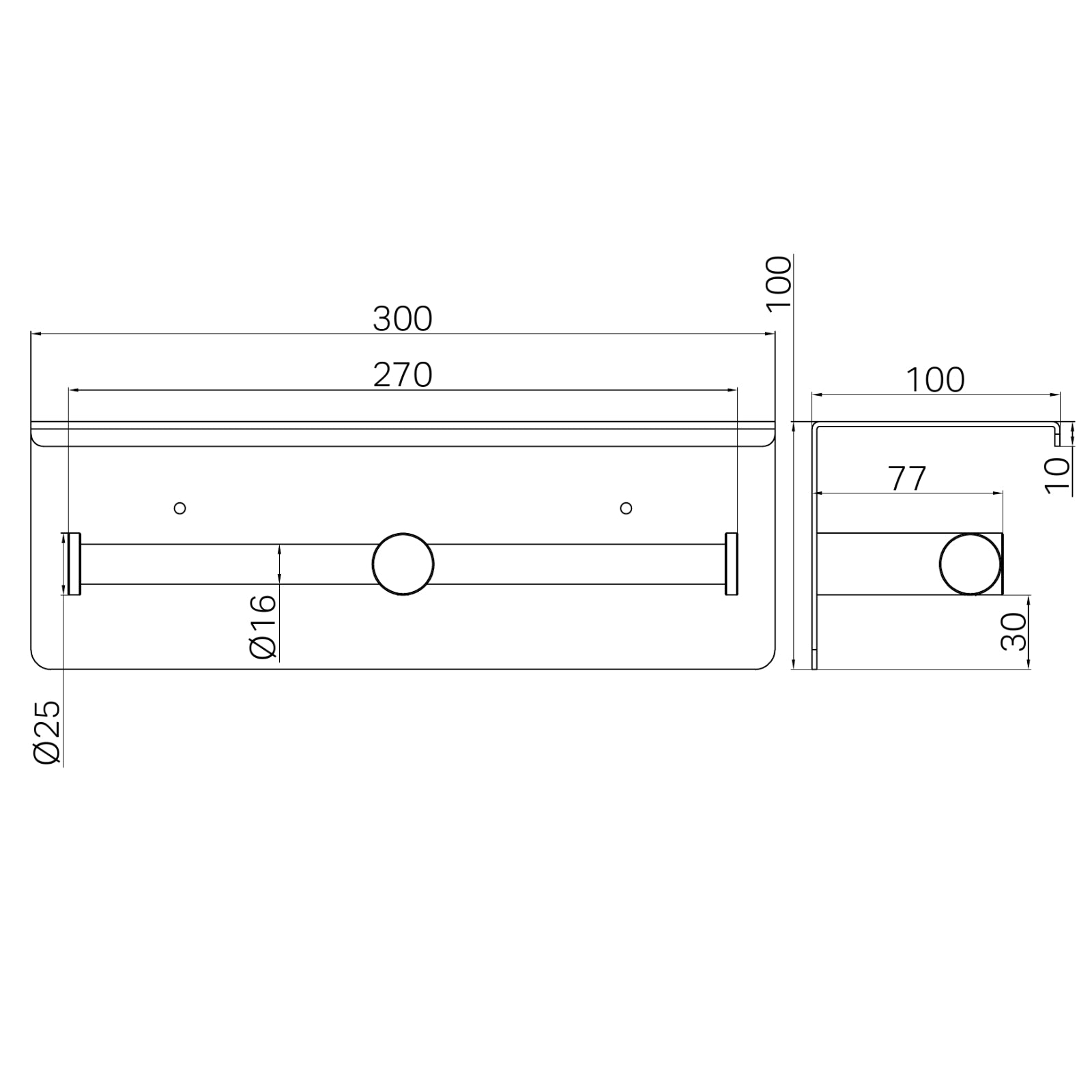 Technical Drawing Nero Mecca Double Toilet Roll Holder With Shelf Matte Black NR1986EMB - The Blue Space