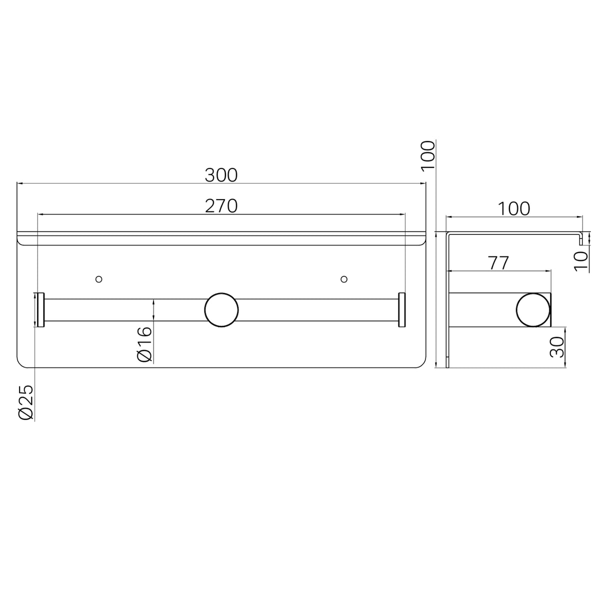 Technical Drawing Nero Mecca Double Toilet Roll Holder With Shelf Matte Black NR1986EMB - The Blue Space
