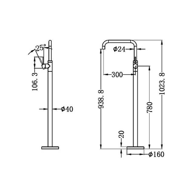 nero mecca freestanding bath mixer square shape brushed nickel technical drawing | The Blue Space