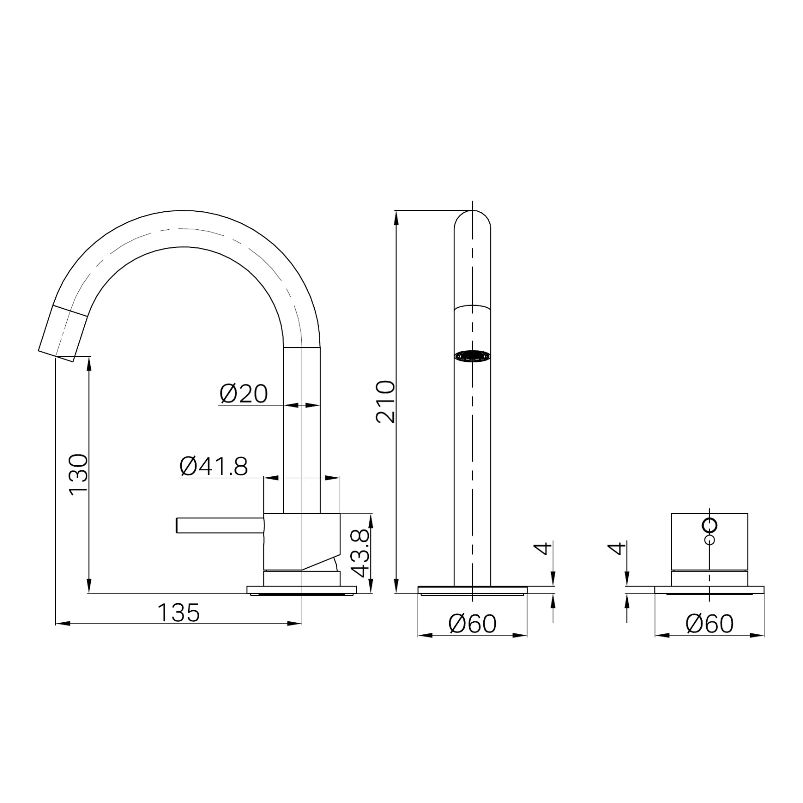 Technical Drawing Nero Mecca Hob Basin Mixer Set Arc Spout Brushed Nickel NR221901GBN - The Blue Space