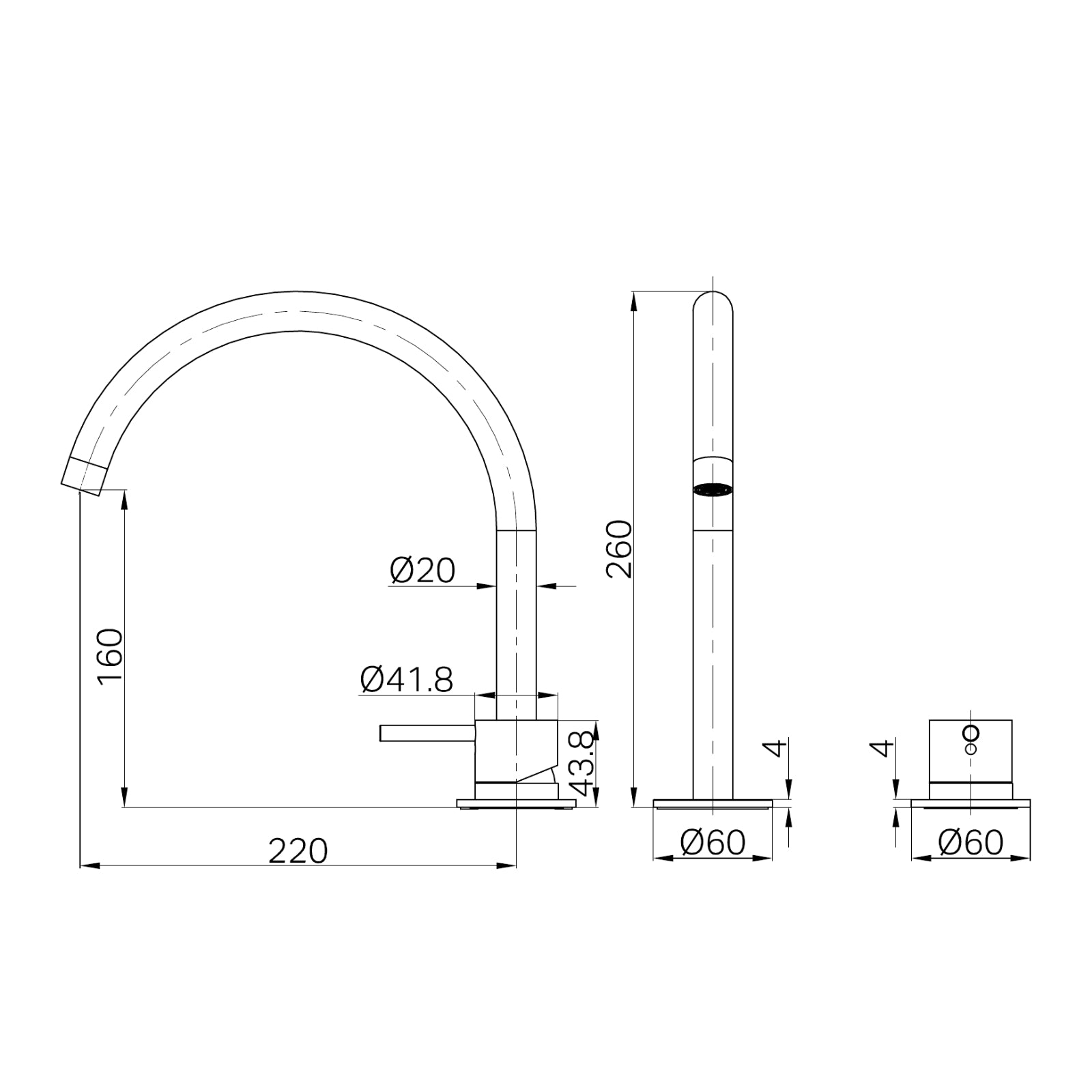 Technical Drawing Nero Mecca Hob Bath/Kitchen Mixer Set Arc Spout Matte White NR221901JMW - The Blue Space