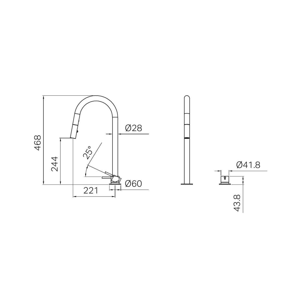 Technical Drawing Nero Mecca Hob Mounted Pull Out Sink Mixer - Brushed Nickel NR221908BBN