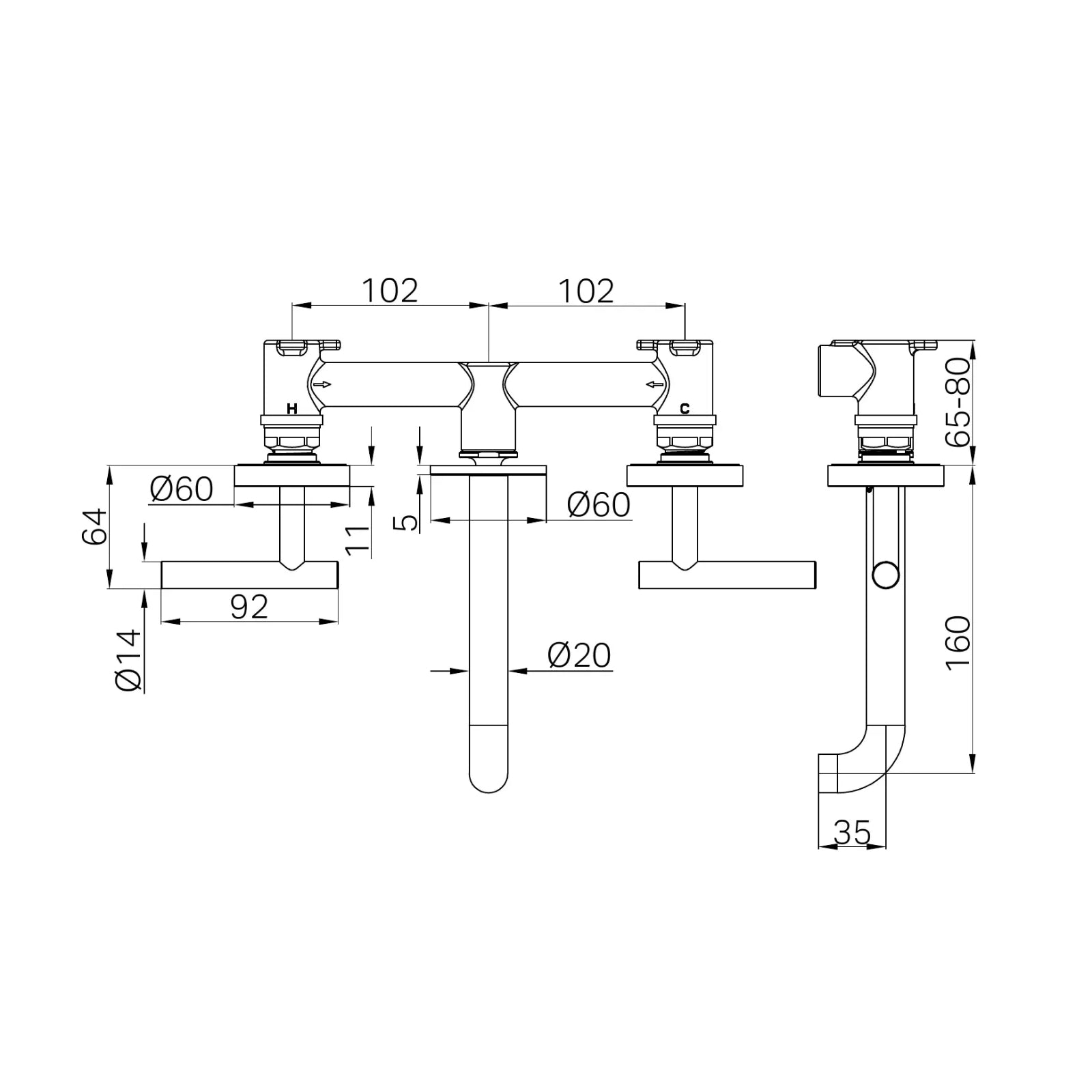 Technical Drawing Nero Mecca Lever Wall Basin/Bath Set 160mm Spout Matte White 25D006MW - The Blue Space