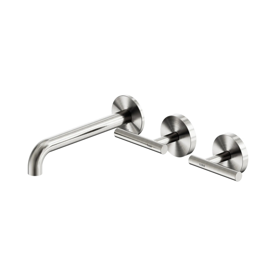 Nero Mecca Lever Wall Basin/Bath Set 185mm Offset Spout Brushed Nickel