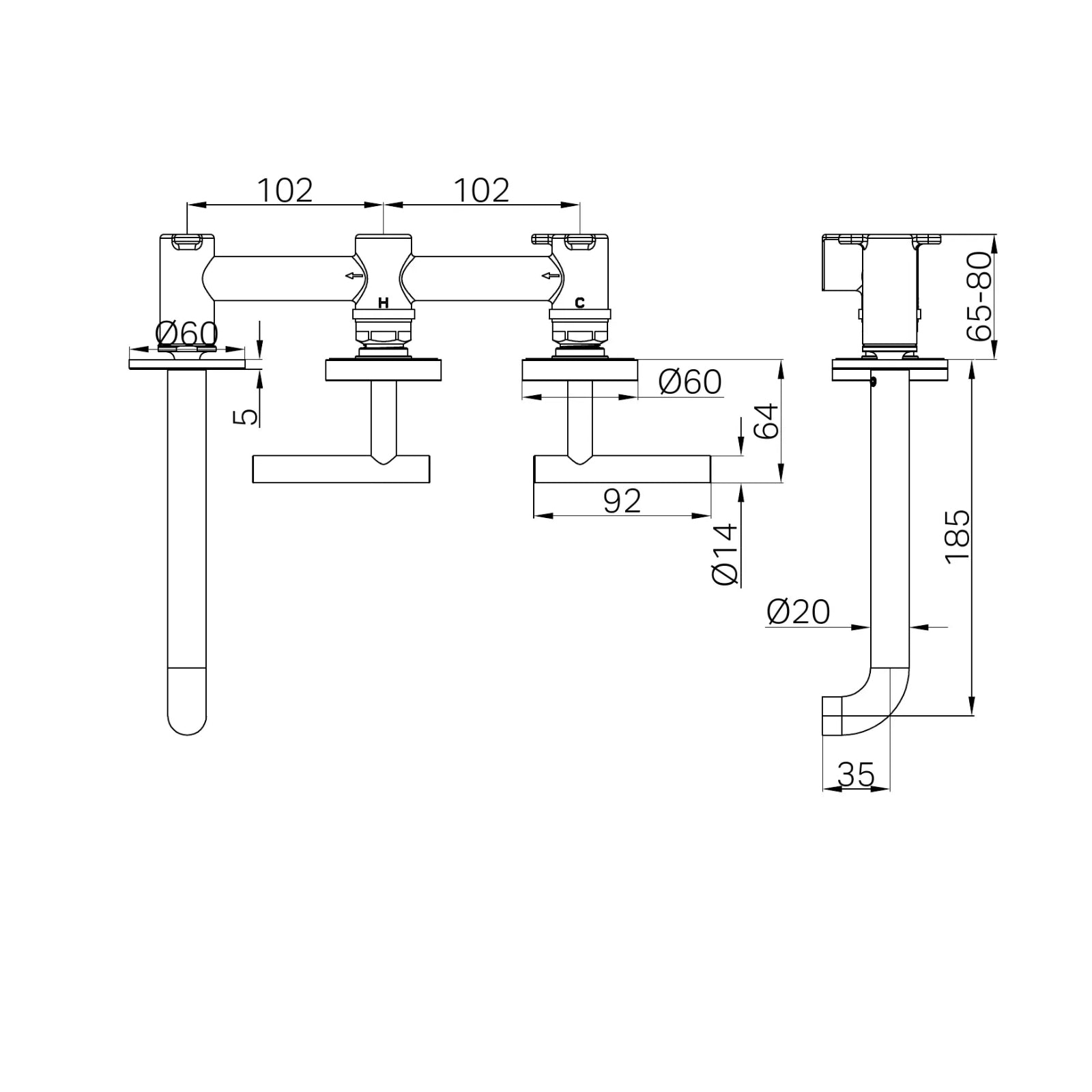 Technical Drawing Nero Mecca Lever Wall Basin/Bath Set 185mm Offset Spout Brushed Nickel 25D010BN - The Blue Space