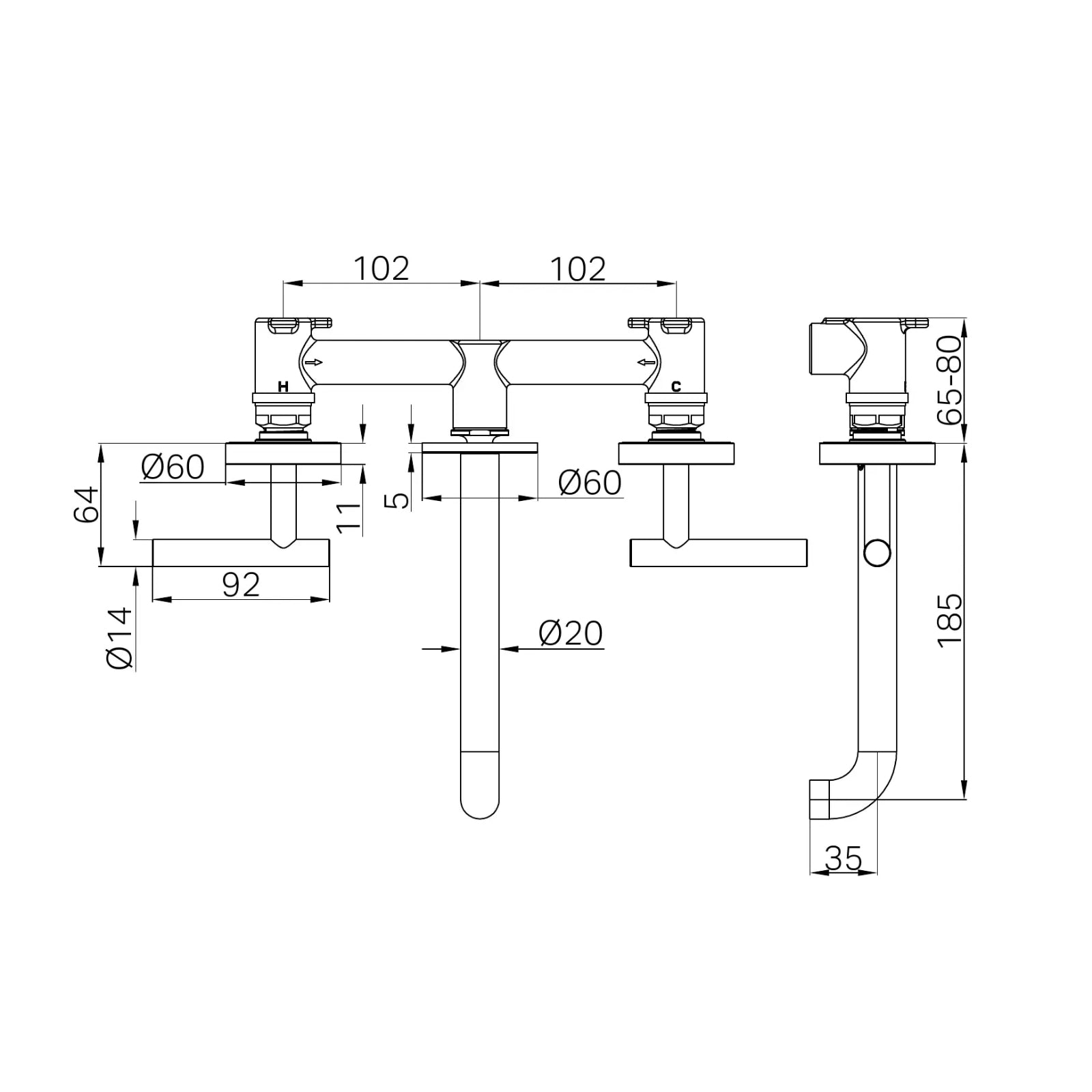 Technical Drawing Nero Mecca Lever Wall Basin/Bath Set 185mm Spout Matte White 25D007MW - The Blue Space