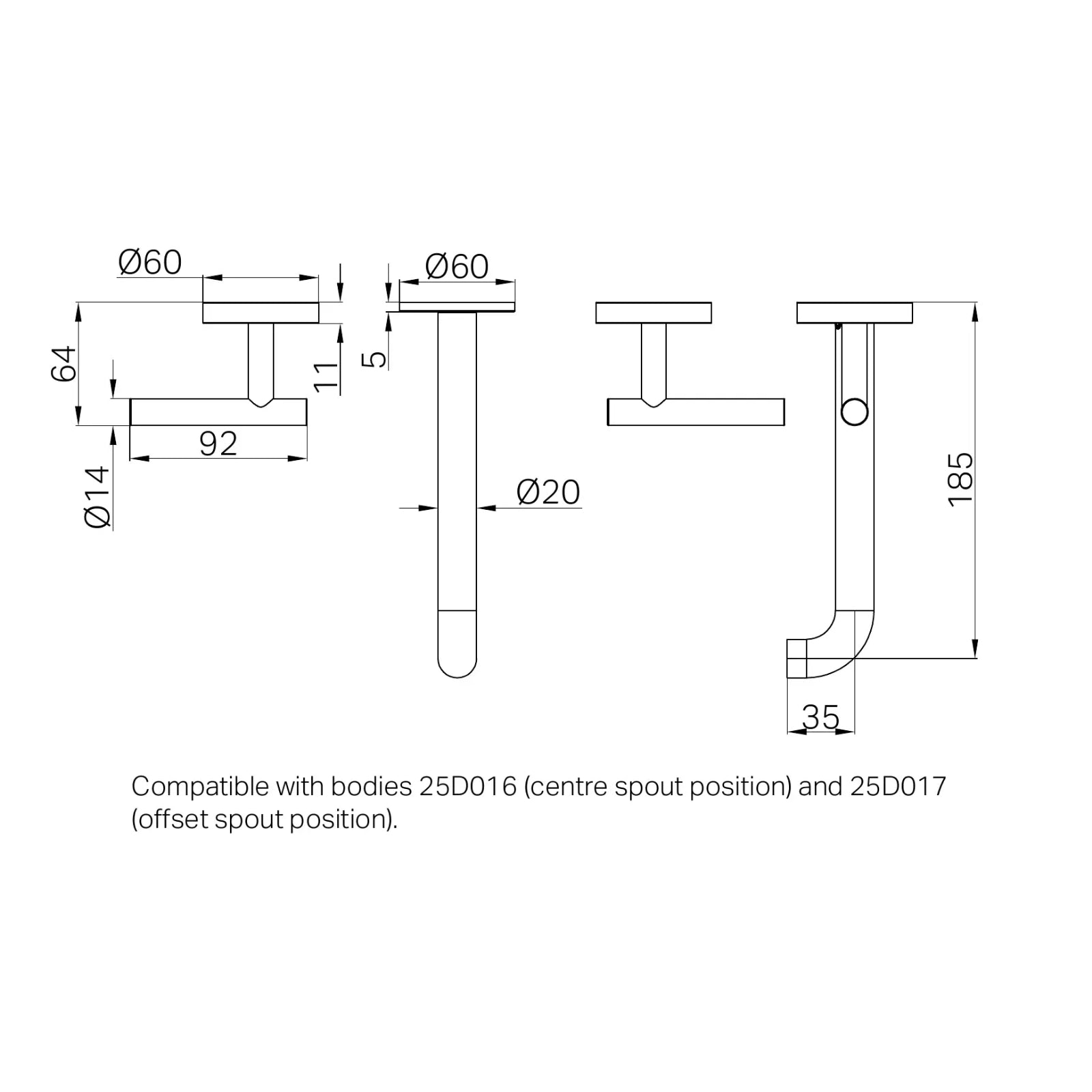 Technical Drawing Nero Mecca Lever Wall Basin/Bath Set 185mm Spout Trim kits Only Matte Black 25D020MB - The Blue Space