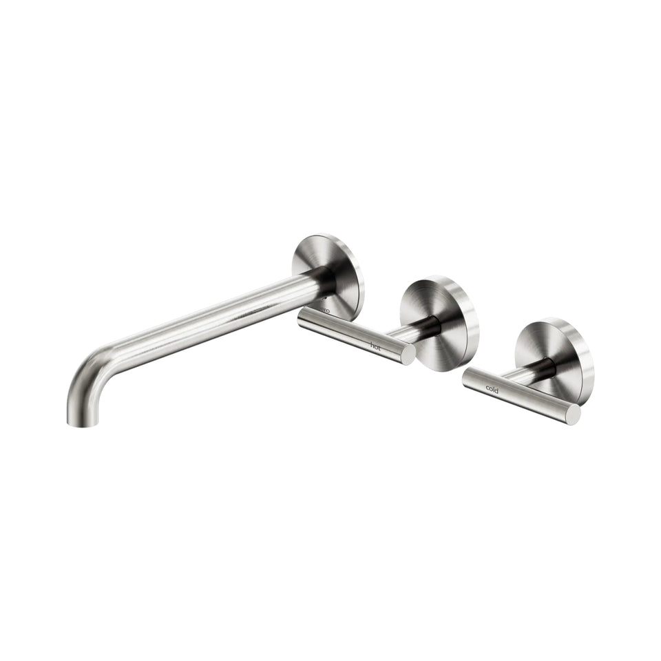 Nero Mecca Lever Wall Basin/Bath Set 220mm Offset Spout Brushed Nickel