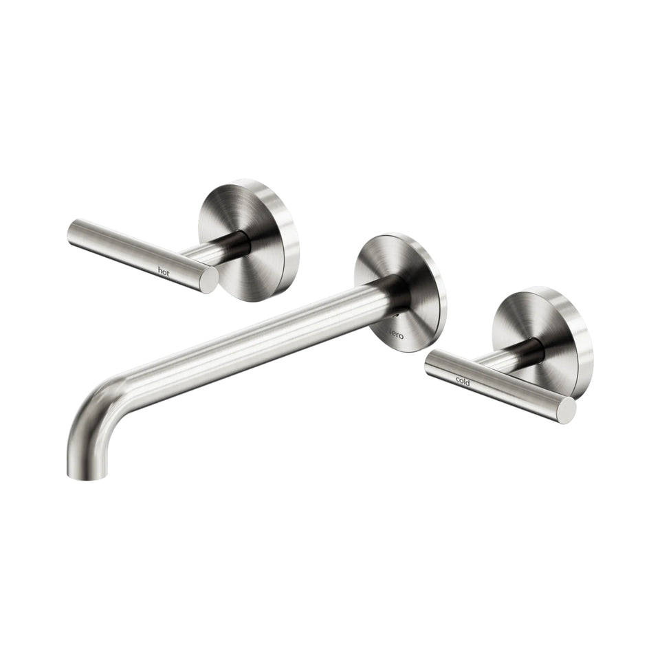 Nero Mecca Lever Wall Basin/Bath Set 220mm Spout Brushed Nickel
