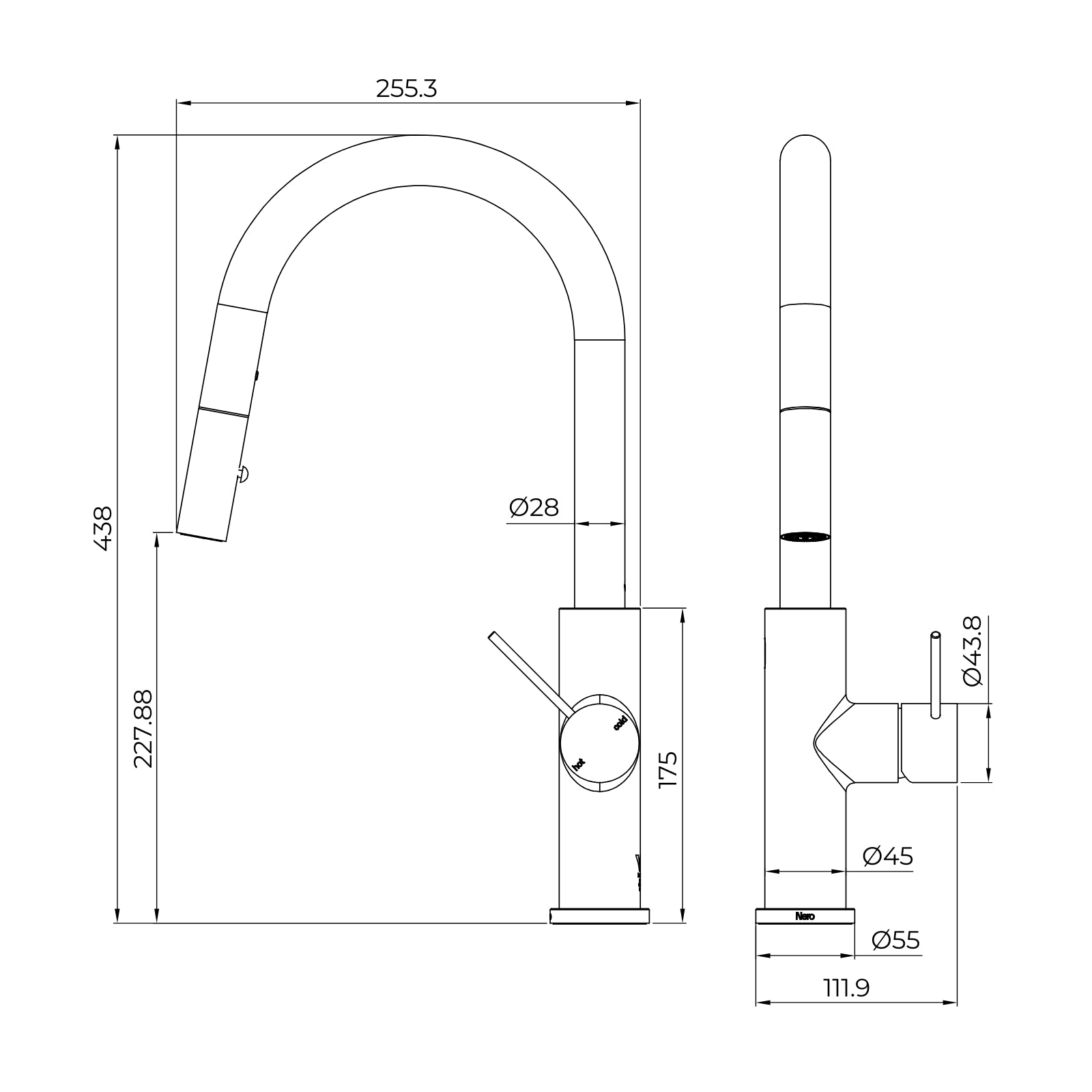 Technical Drawing Nero Mecca Smart Sensor Pull Out Kitchen Mixer Brushed Gold NR221908ABG - The Blue Space