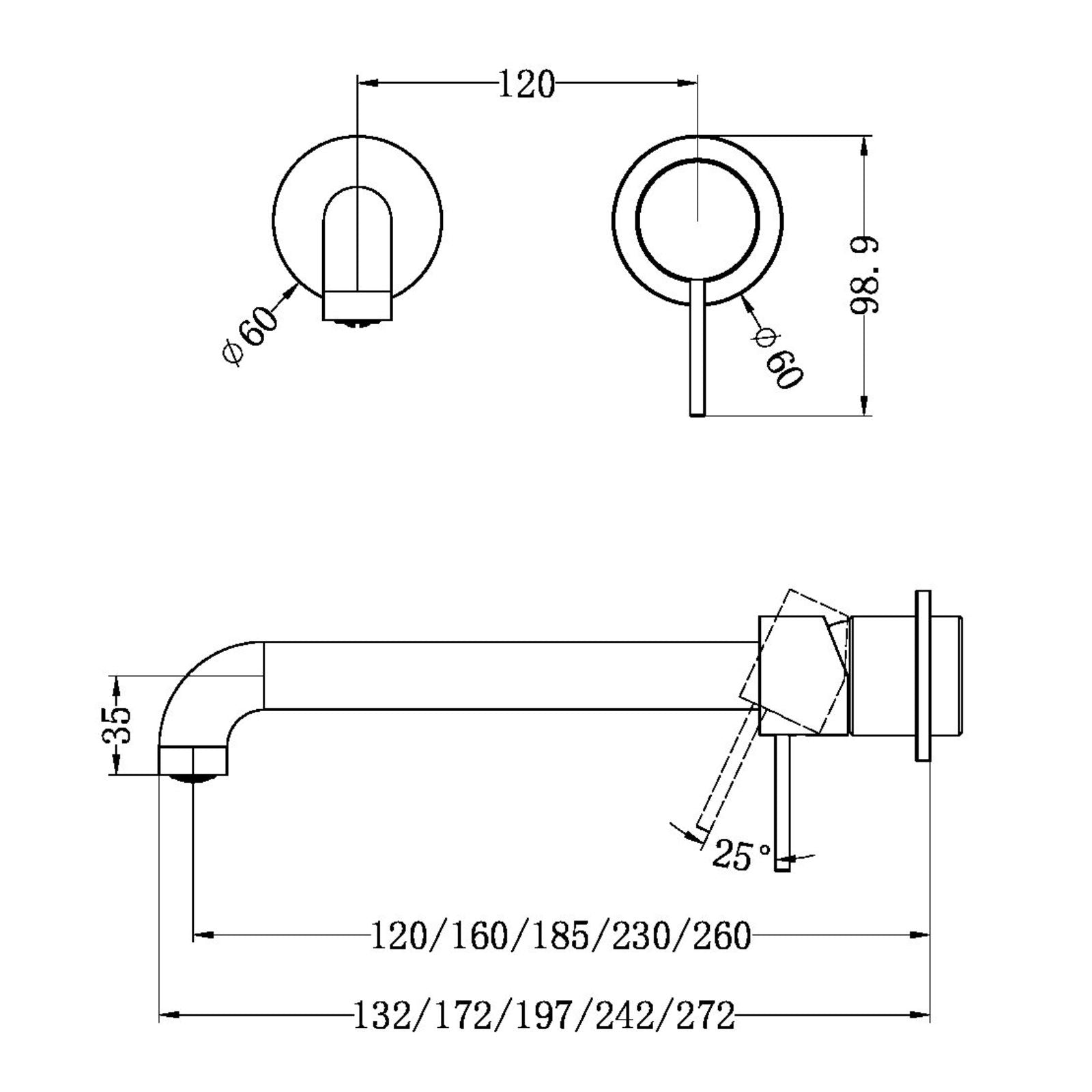 Technical Drawing Nero Mecca Wall Basin/Bath Mixer Separate Back Plate 160 Trim Kits Only Gun Metal NR221910C160TGM - The Blue Space