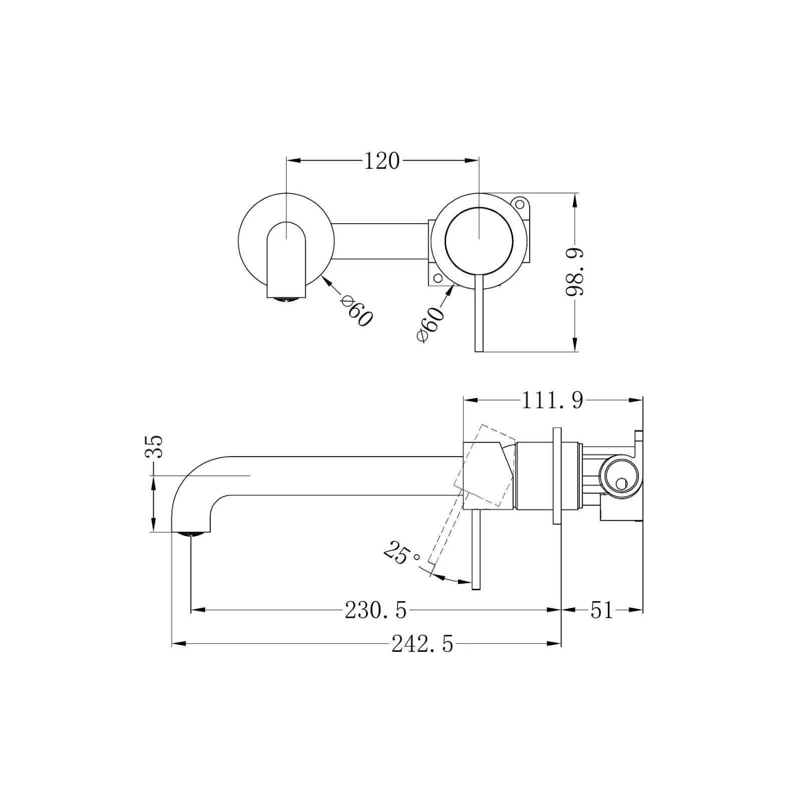 Technical Drawing Nero Mecca Wall Basin/Bath Mixer Separate Back Plate 230mm Brushed Bronze NR221910C230BZ_KIT - The Blue Space