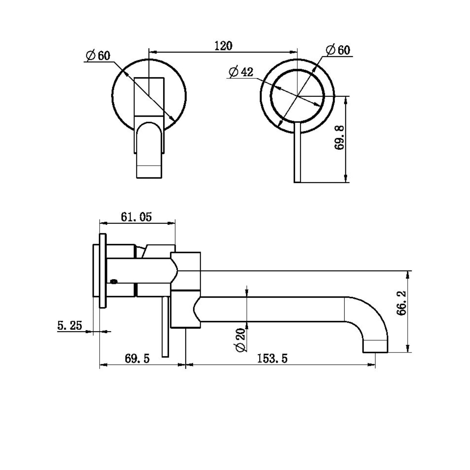 Technical Drawing Nero Mecca Wall Basin/Bath Mixer Swivel Spout 225mm Trim Kits Only Brushed Nickel NR221910RTBN - The Blue Space