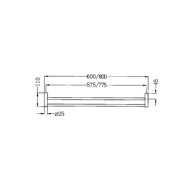 Technical Drawing Nero New Mecca Double Towel Rail 600mm Brushed Bronze NR2324DBZ - The Blue Space