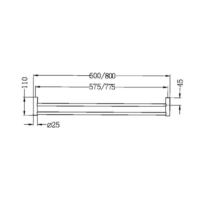 Technical Drawing Nero New Mecca Double Towel Rail 600mm Brushed Nickel NR2324DBN - The Blue Space