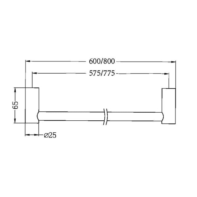 Technical Drawing Nero New Mecca Single Towel Rail 600mm Brushed Nickel NR2324BN - The Blue Space