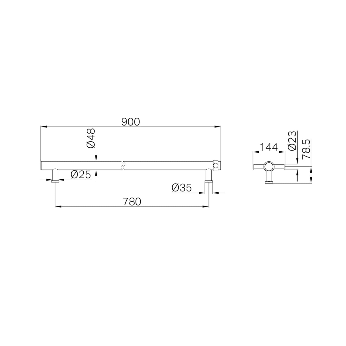 Technical Drawing Nero Non-Heated Vertical Towel Rail 900mm Brushed Bronze NRV901BZ - The Blue Space