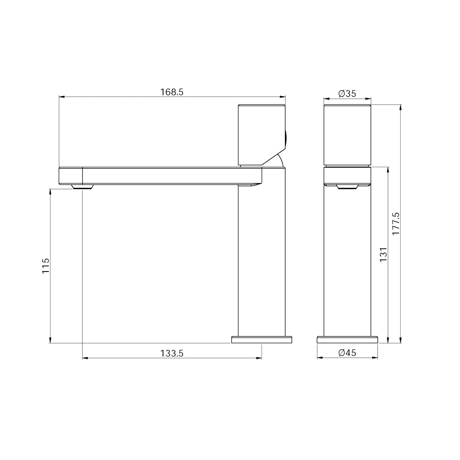 Technical Drawing Nero Pure SS316L Basin Mixer Graphite NR172201GR - The Blue Space