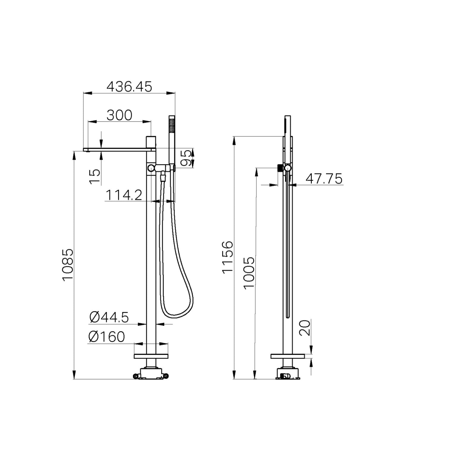 Technical Drawing Nero Pure SS316L Freestanding Bath Mixer With Outdoor Shower Hose Brushed Bronze NR172203A01BZ - The Blue Space
