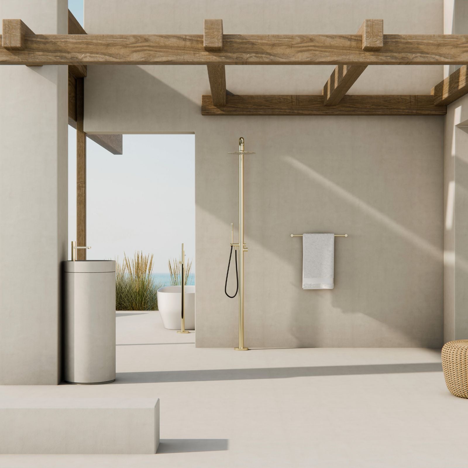 Lifestyle 1 Nero Pure SS316L Freestanding Bath Mixer With Outdoor Shower Hose Brushed Gold NR172203A01BG - The Blue Space