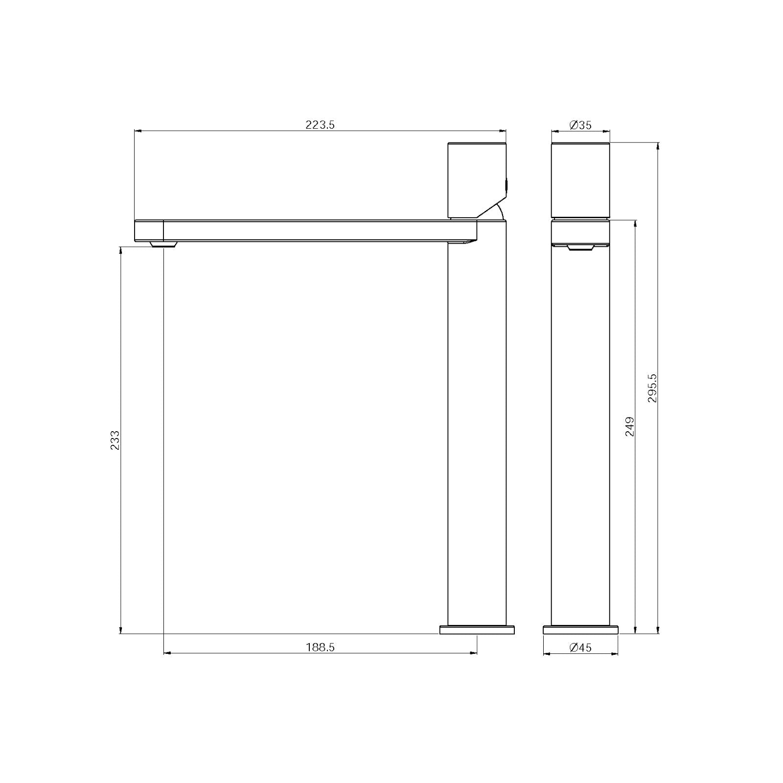Technical Drawing Nero Pure SS316L Tall Basin Mixer Brushed Gold NR172201ABG - The Blue Space
