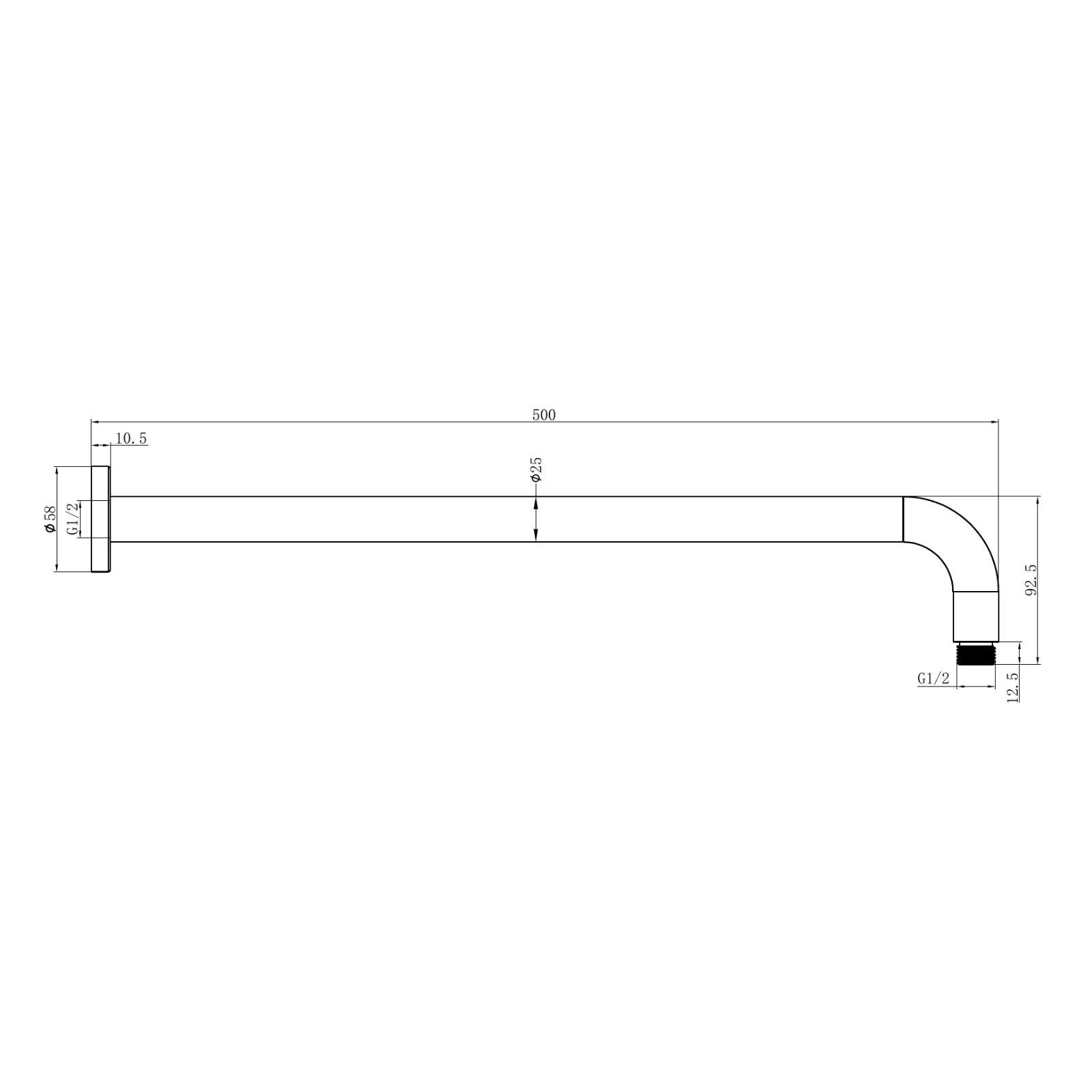 Technical Drawing Nero Round Shower Arm 500mm Length Brushed Bronze NR502LBZ - The Blue Space