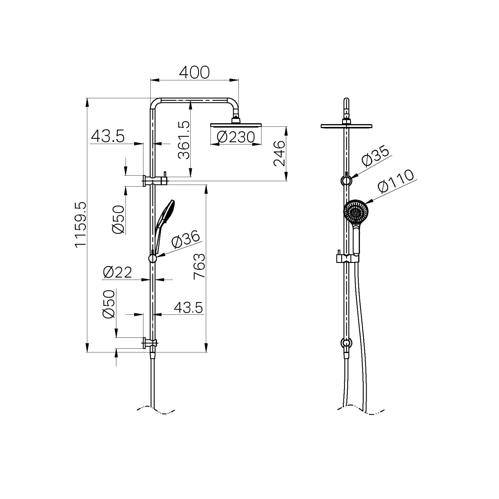 Technical Drawing Nero Round Twin Shower With Air Shower I Brushed Gold NR250805D01BG - The Blue Space