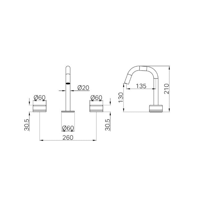 Technical Drawing Nero Serenity Basin Set Edge Spout With Carrara Handle Chrome 24D023CH - The Blue Space