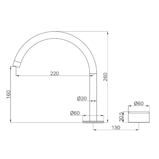 Technical Drawing Nero Serenity Progressive Bath/Kitchen Mixer Arc Spout With Metal Handle Brushed Bronze 24E042BZ - The Blue Space