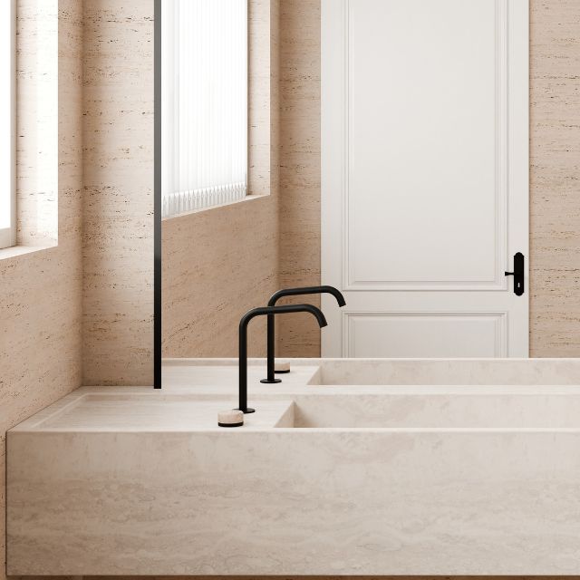 Nero Serenity Progressive Bath/Kitchen Mixer Edge Spout With Rome Travertine Handle Matte Black 24E051MB - The Blue Space