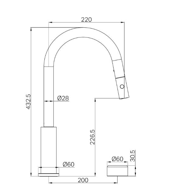 Technical Drawing Nero Serenity Progressive Pull Out Kitchen Set With Metal Handle Gun Metal 24E060GM - The Blue Space