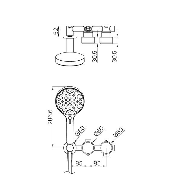 Technical Drawing Nero Serenity Progressive Shower System With Metal Handle And Nero Serenity Hand Shower Brushed Gold 24E030BG - The Blue Space