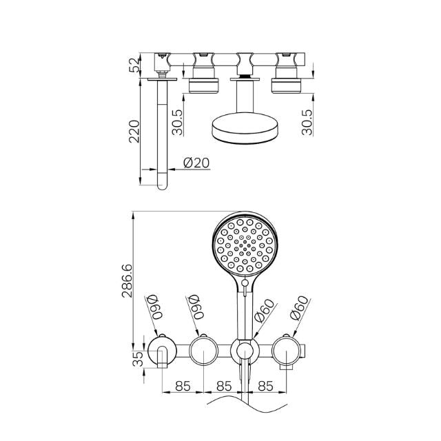 Technical Drawing Nero Serenity Progressive Shower System With Spout With Carrara Handle And Nero Serenity Hand Shower Chrome 24E013CH - The Blue Space