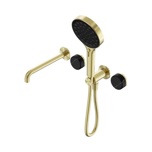 Nero Serenity Progressive Shower System With Spout With Marquina Black Handle And Nero Serenity Hand Shower Brushed Gold 24E130BG - The Blue Space