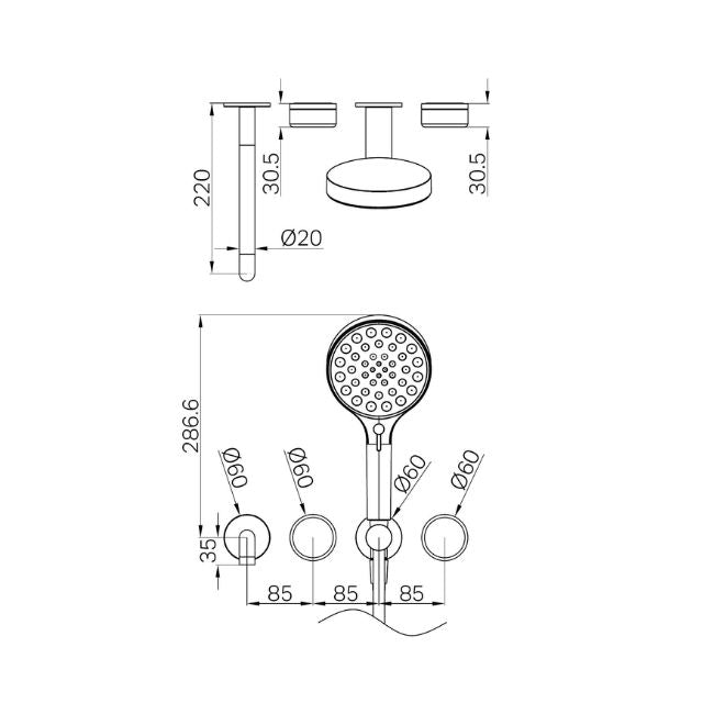 Technical Drawing Nero Serenity Progressive Shower System With Spout With Marquina Black Handle And Serenity Hand Shower Trim Kit Only Gun Metal 24E122GM - The Blue Space