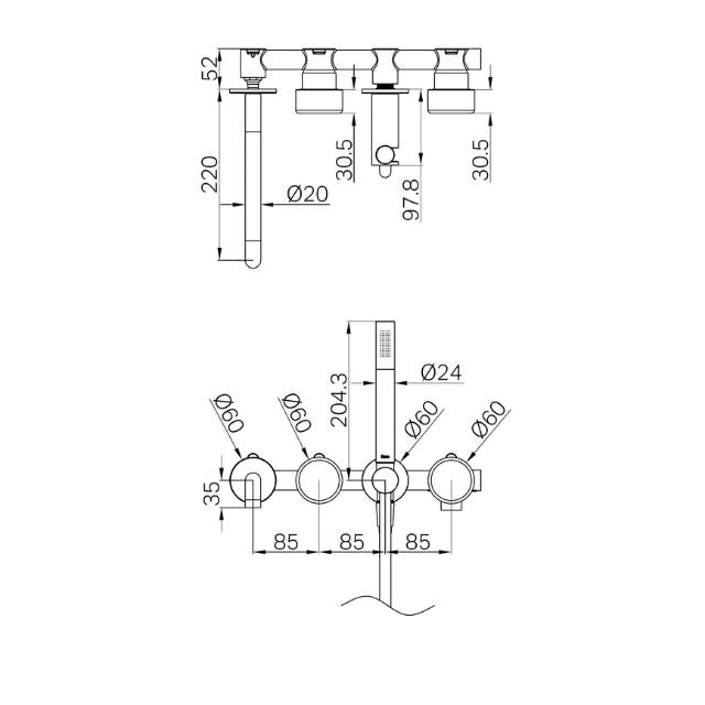 Technical Drawing Nero Serenity Progressive Shower System With Spout With Metal Handle And Slim Shower Brushed Nickel 24E012BN - The Blue Space