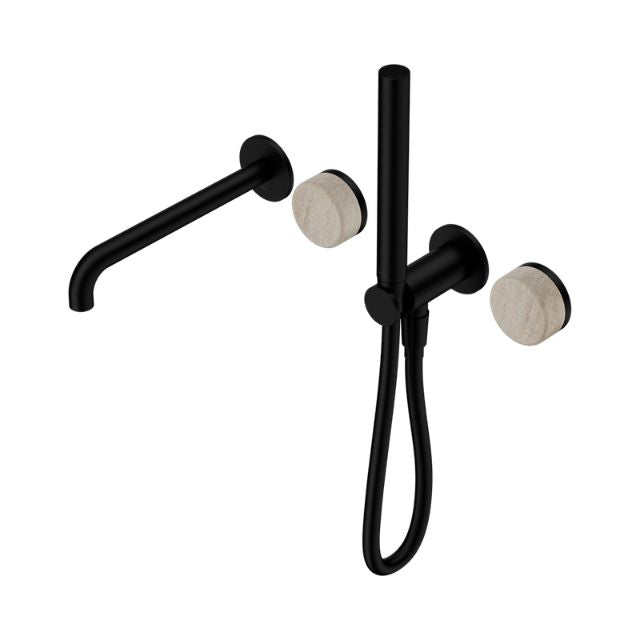 Nero Serenity Progressive Shower System With Spout With Rome Travertine Handle And Slim Shower Matte Black
