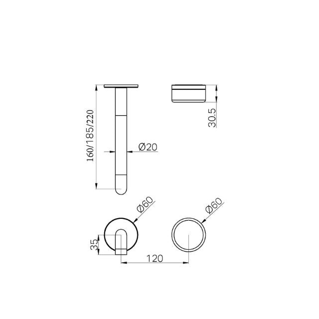 Technical Drawing Nero Serenity Progressive Wall Basin Mixer 185mm Spout With Rome Travertine Handle Trim Kit Only Chrome 24E111CH - The Blue Space