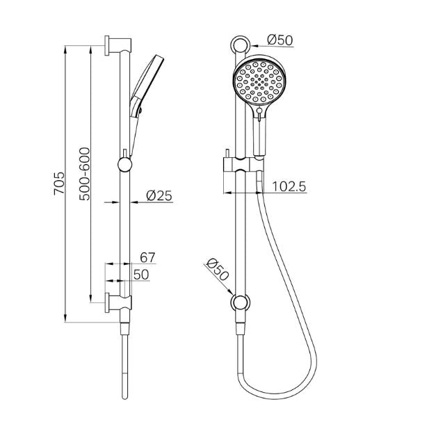 Technical Drawing Nero Serenity Rail Shower Gun Metal 24D072GM - The Blue Space