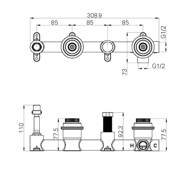 Technical Drawing Nero Serenity Shower System with Spout Body Only 24C023 - The Blue Space