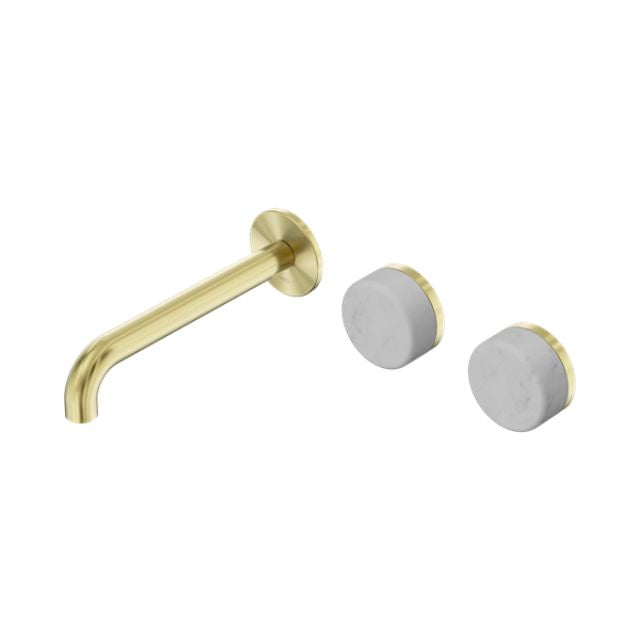 Nero Serenity Wall Basin Set 220mm Offset Spout With Carrara Handle Brushed Gold 24D065BG - The Blue Space