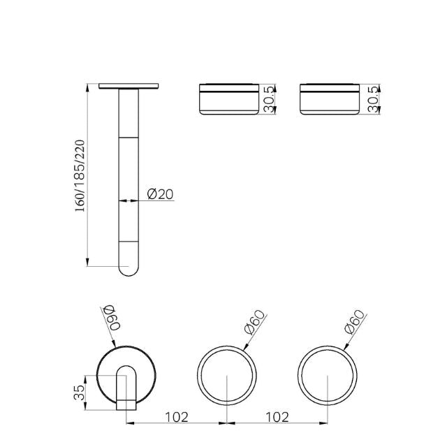 Technical Drawing Nero Serenity Wall Basin Set 220mm Offset spout With Rome Travertine Handle Trim Kit Only Brushed Gold 24D106BG - The Blue Space